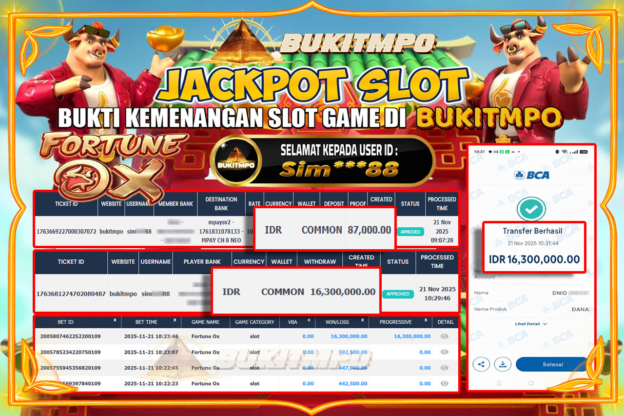 BUKITMPO JACKPOT FORTUNE OX - PG SOFT Rp.16,300,000.00,- LUNAS